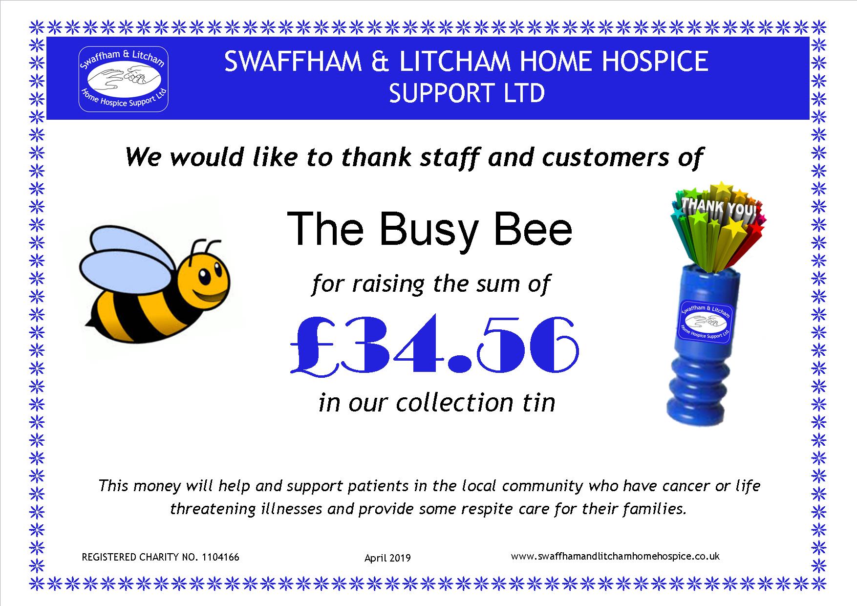Money from loose change collection box at The Busy Bee, April 2019